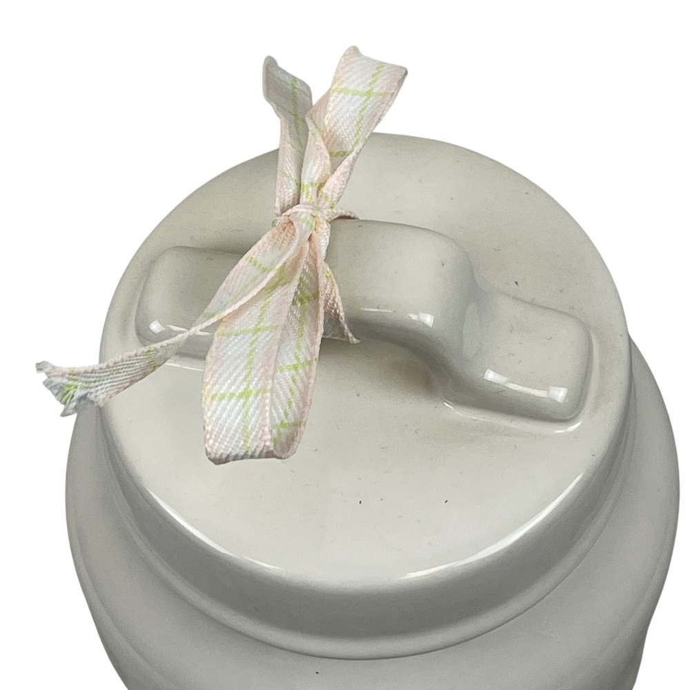 Rae Dunn Egg Hunt Ceramic Canister with Lid and Ribbon White Easter 8 X 4 inches - Picture 2 of 7